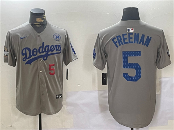 Los Angeles Dodgers #5 Freddie Freeman Gray 2024 World Series With No. 34 Patch Limited Stitched Jersey - Click Image to Close